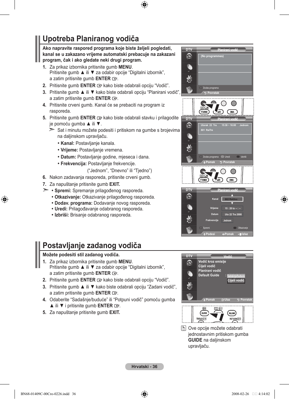 Upotreba planiranog vodiča, Postavljanje zadanog vodiča | Samsung LE52A559P4F User Manual | Page 388 / 632