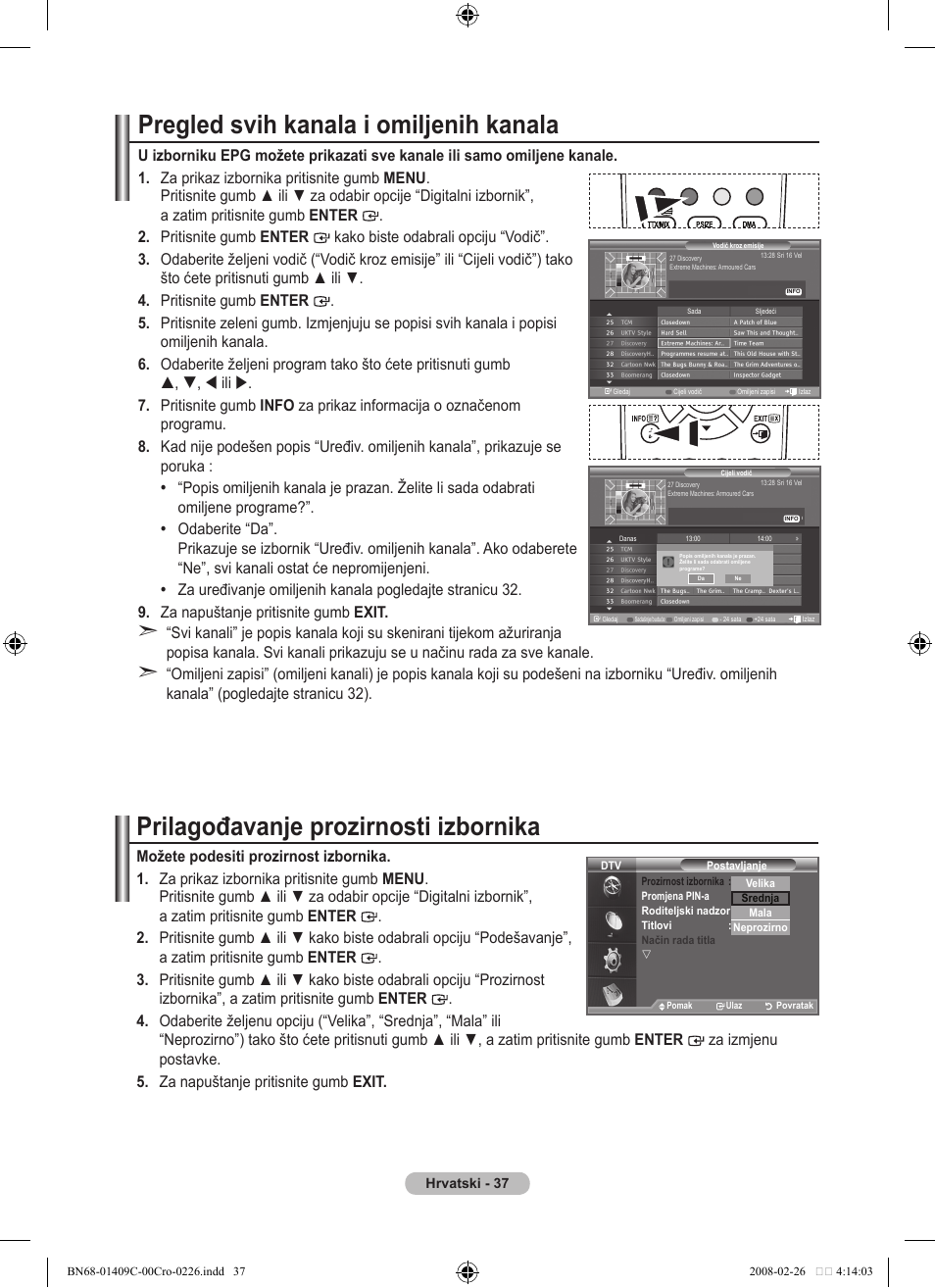 Pregled svih kanala i omiljenih kanala, Prilagođavanje prozirnosti izbornika | Samsung LE52A559P4F User Manual | Page 389 / 632
