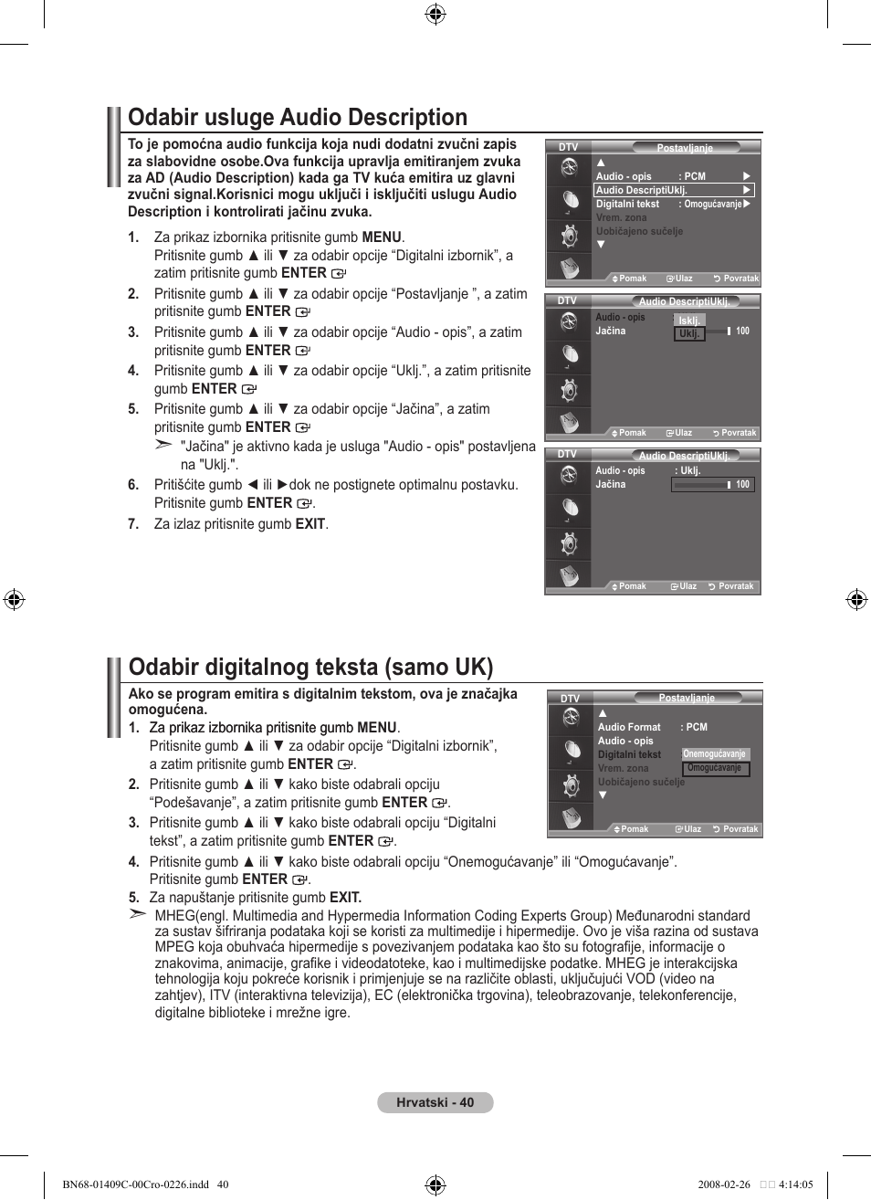 Odabir digitalnog teksta (samo uk), Odabir usluge audio description | Samsung LE52A559P4F User Manual | Page 392 / 632
