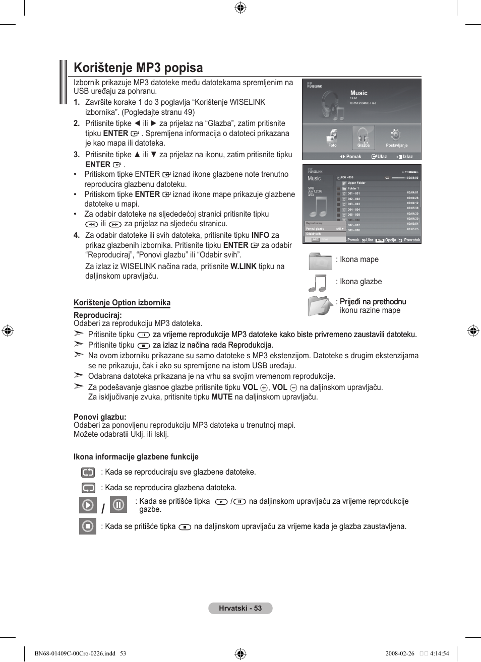 Korištenje mp3 popisa | Samsung LE52A559P4F User Manual | Page 405 / 632