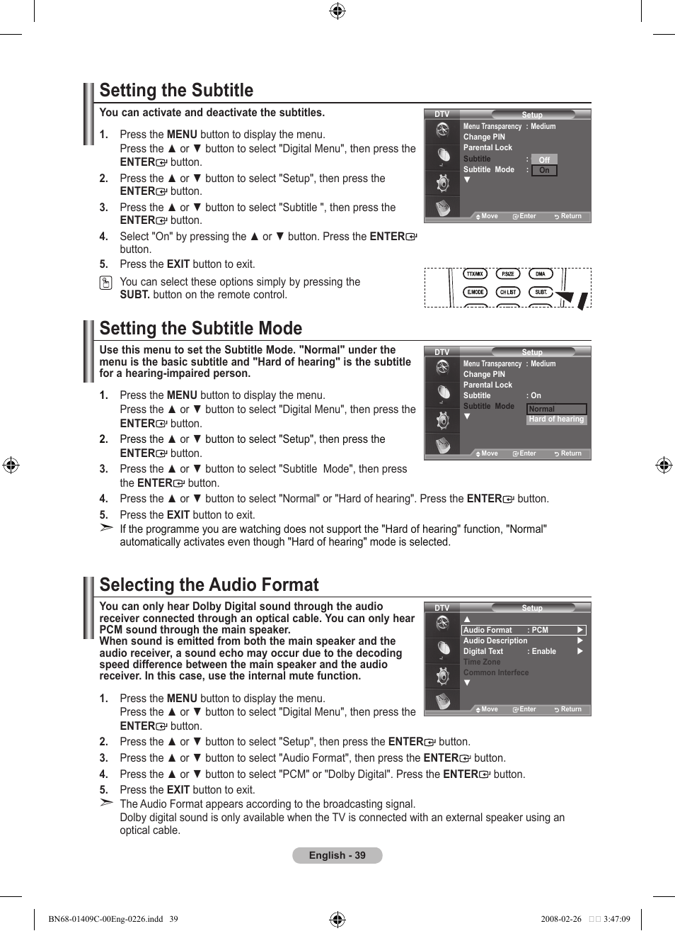 Setting the subtitle, Setting the subtitle mode, Selecting the audio format | Samsung LE52A559P4F User Manual | Page 41 / 632