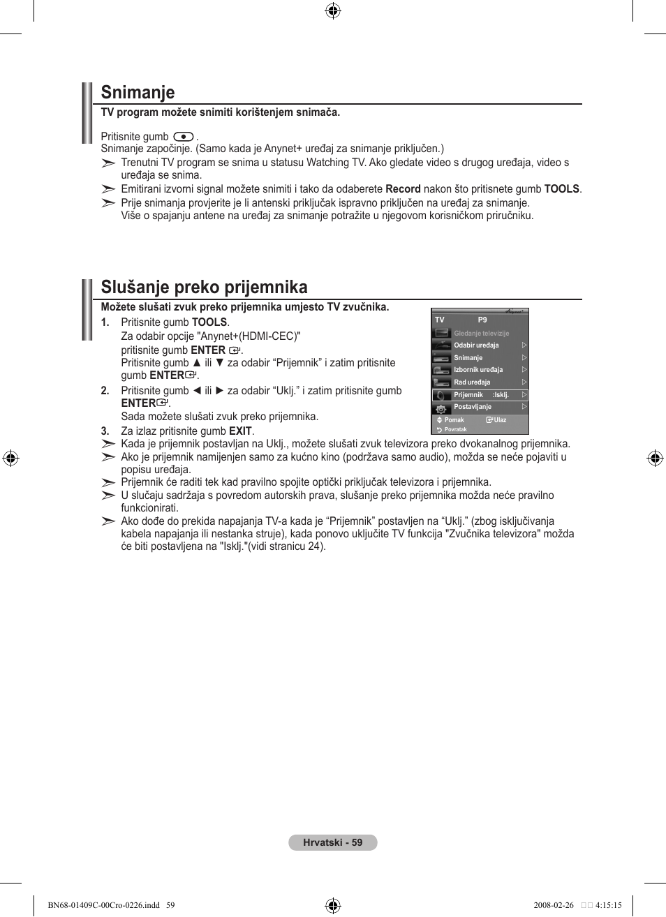 Snimanje, Slušanje preko prijemnika | Samsung LE52A559P4F User Manual | Page 411 / 632
