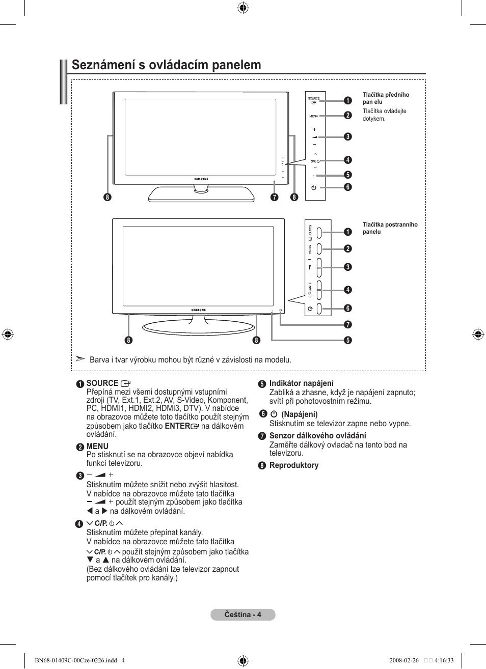 Seznámení s ovládacím panelem | Samsung LE52A559P4F User Manual | Page 426 / 632