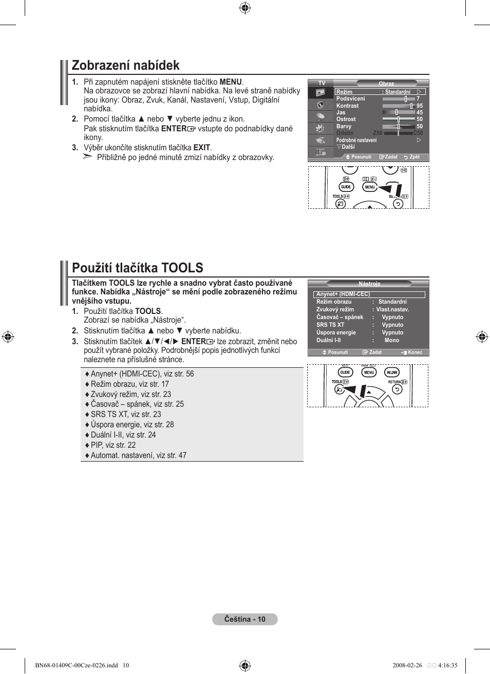 Zobrazení nabídek, Použití tlačítka tools | Samsung LE52A559P4F User Manual | Page 432 / 632