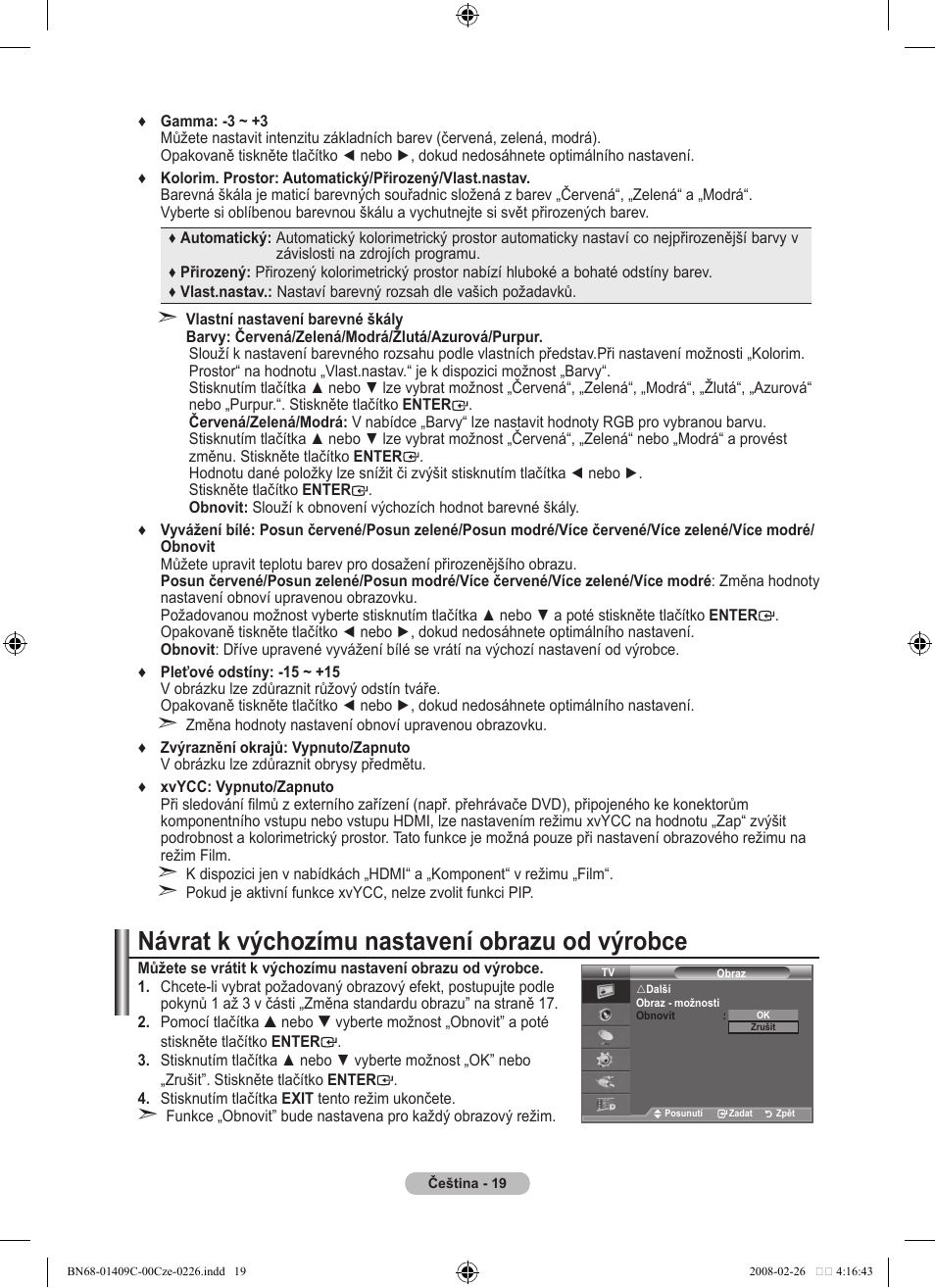 Návrat k výchozímu nastavení obrazu od výrobce | Samsung LE52A559P4F User Manual | Page 441 / 632