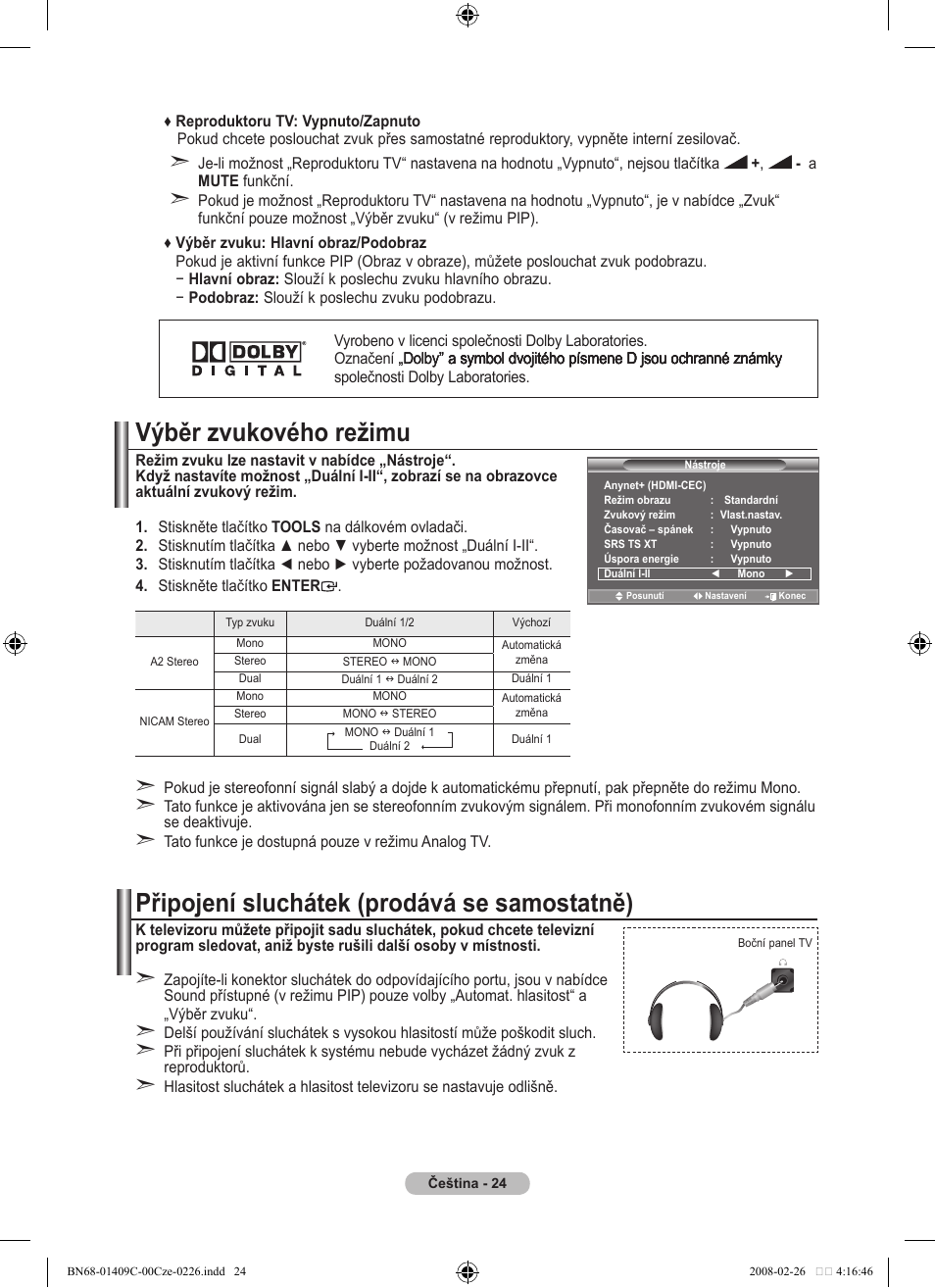 Výběr zvukového režimu, Připojení sluchátek (prodává se samostatně) | Samsung LE52A559P4F User Manual | Page 446 / 632