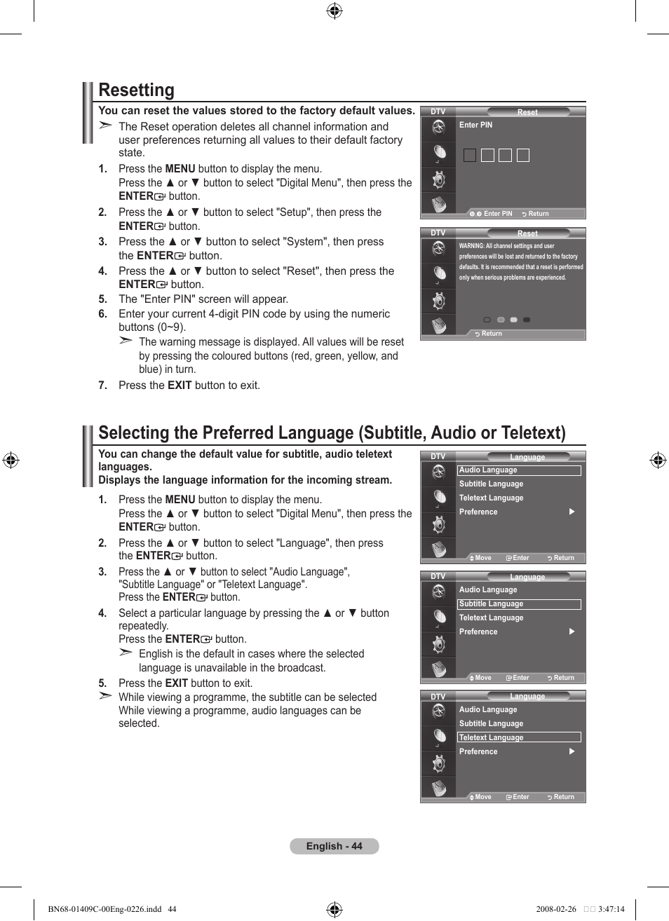 Resetting | Samsung LE52A559P4F User Manual | Page 46 / 632