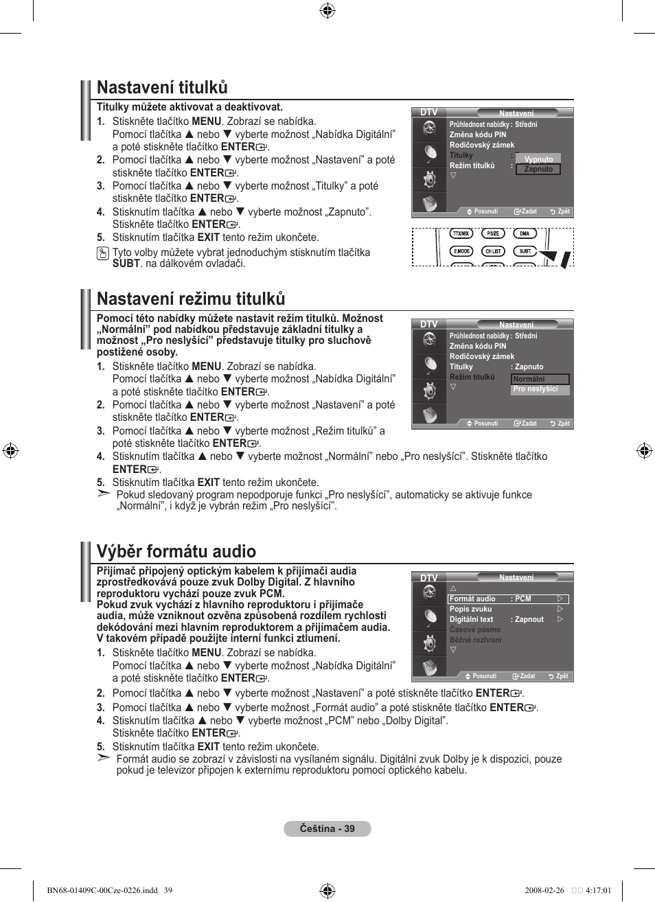 Nastavení titulků, Nastavení režimu titulků, Výběr formátu audio | Samsung LE52A559P4F User Manual | Page 461 / 632
