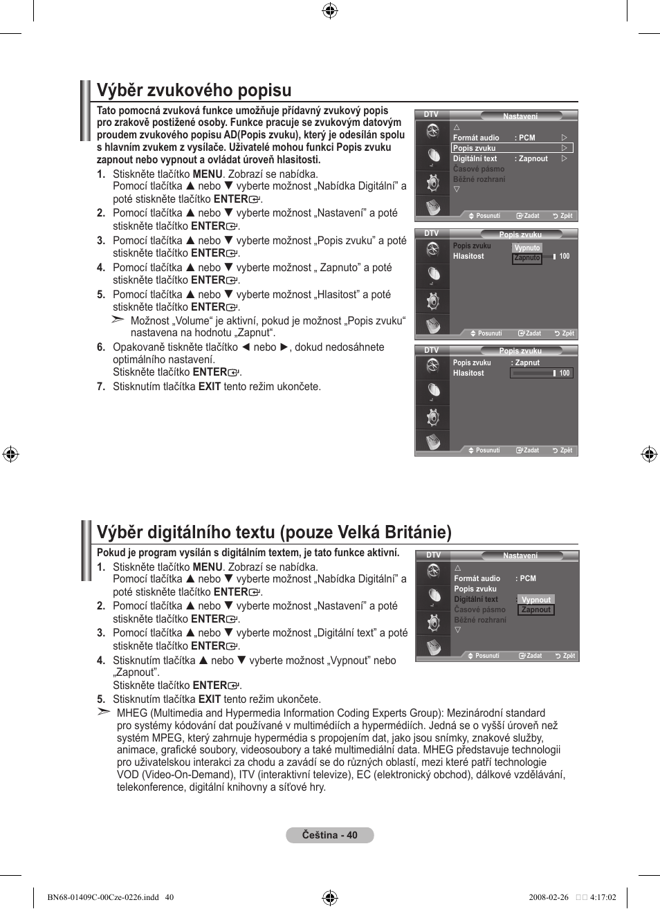 Výběr zvukového popisu, Výběr digitálního textu (pouze velká británie) | Samsung LE52A559P4F User Manual | Page 462 / 632