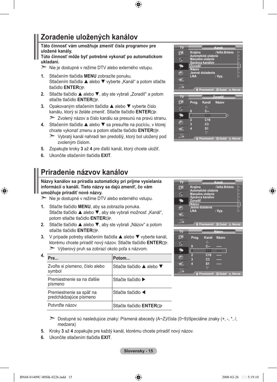 Zoradenie uložených kanálov, Priradenie názvov kanálov | Samsung LE52A559P4F User Manual | Page 507 / 632