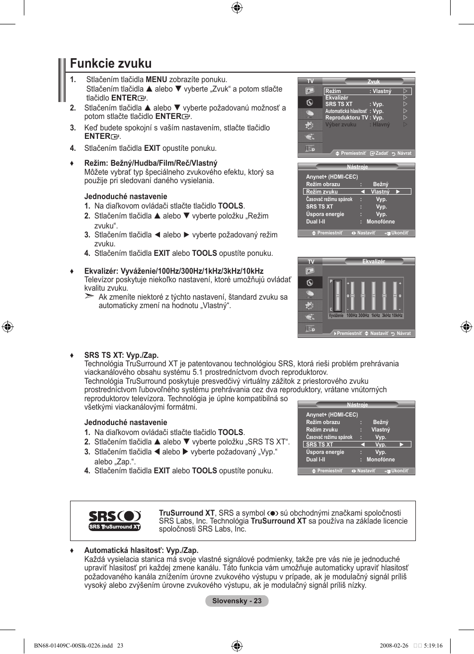 Funkcie zvuku | Samsung LE52A559P4F User Manual | Page 515 / 632