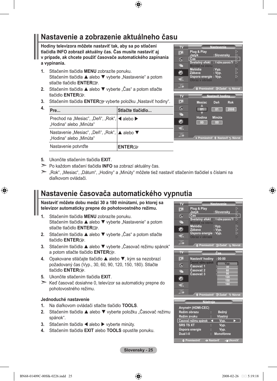 Nastavenie a zobrazenie aktuálneho času, Nastavenie časovača automatického vypnutia | Samsung LE52A559P4F User Manual | Page 517 / 632