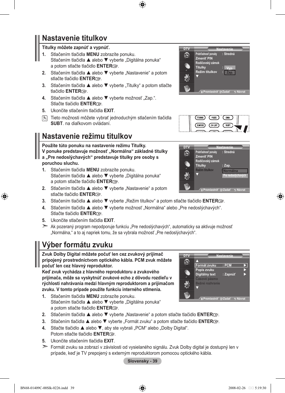 Nastavenie titulkov, Nastavenie režimu titulkov, Výber formátu zvuku | Samsung LE52A559P4F User Manual | Page 531 / 632