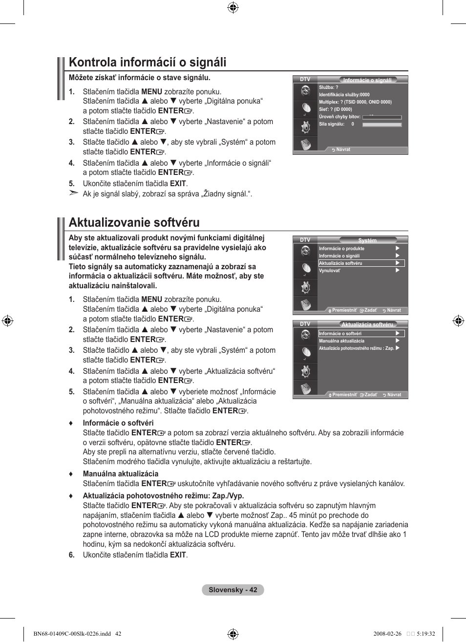 Kontrola informácií o signáli, Aktualizovanie softvéru | Samsung LE52A559P4F User Manual | Page 534 / 632