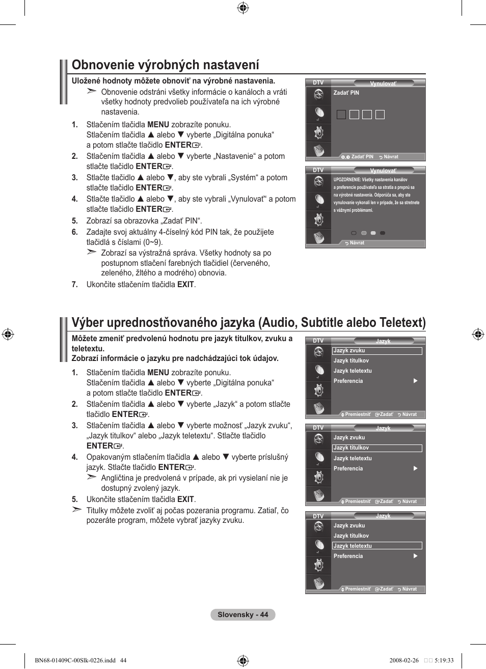 Obnovenie výrobných nastavení | Samsung LE52A559P4F User Manual | Page 536 / 632