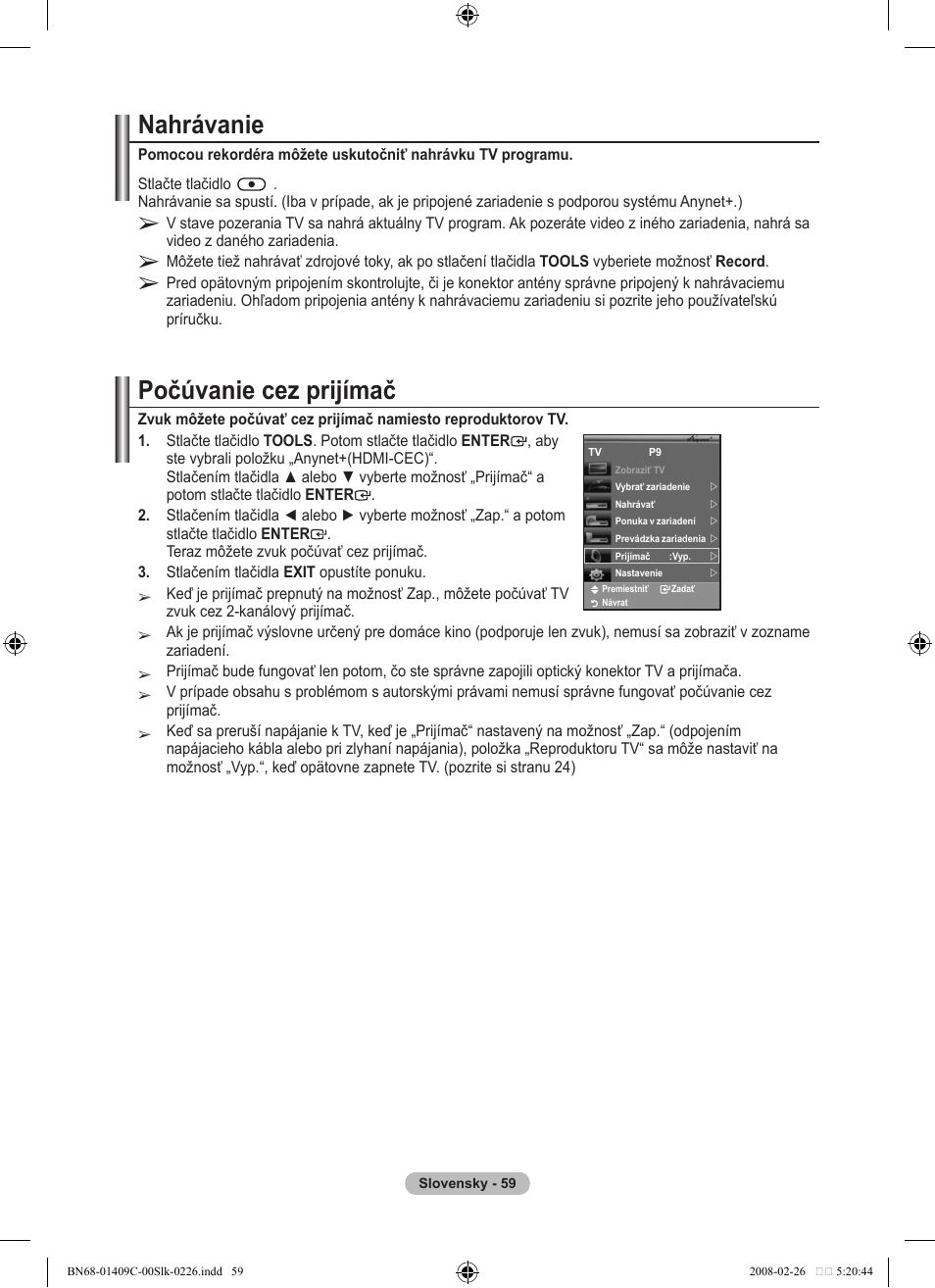Nahrávanie, Počúvanie cez prijímač | Samsung LE52A559P4F User Manual | Page 551 / 632