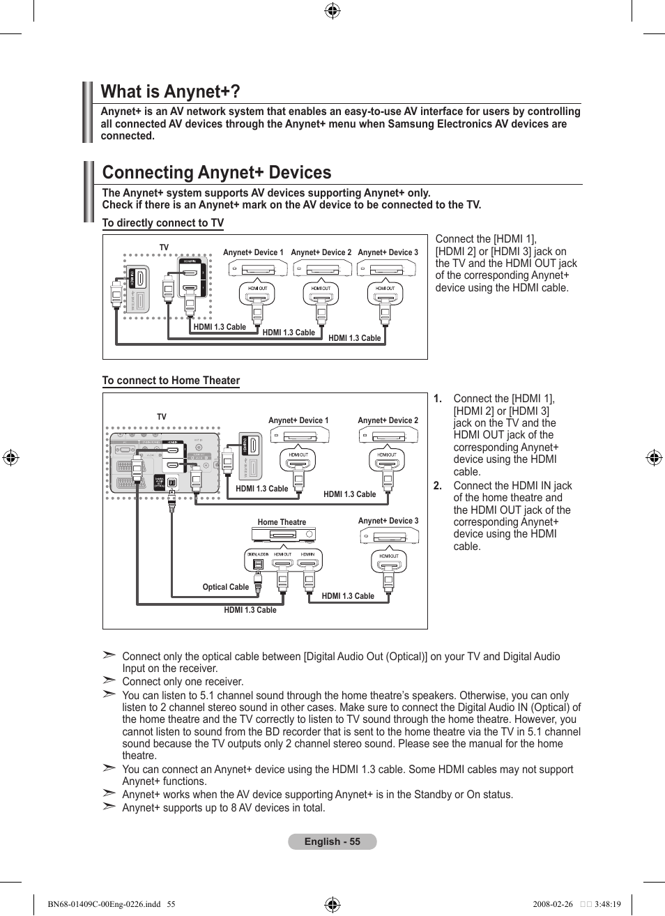 About anynet, What is anynet, Connecting anynet+ devices | Samsung LE52A559P4F User Manual | Page 57 / 632