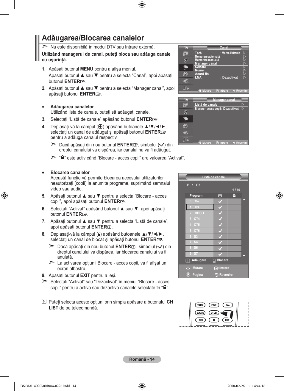 Adăugarea/blocarea canalelor | Samsung LE52A559P4F User Manual | Page 576 / 632