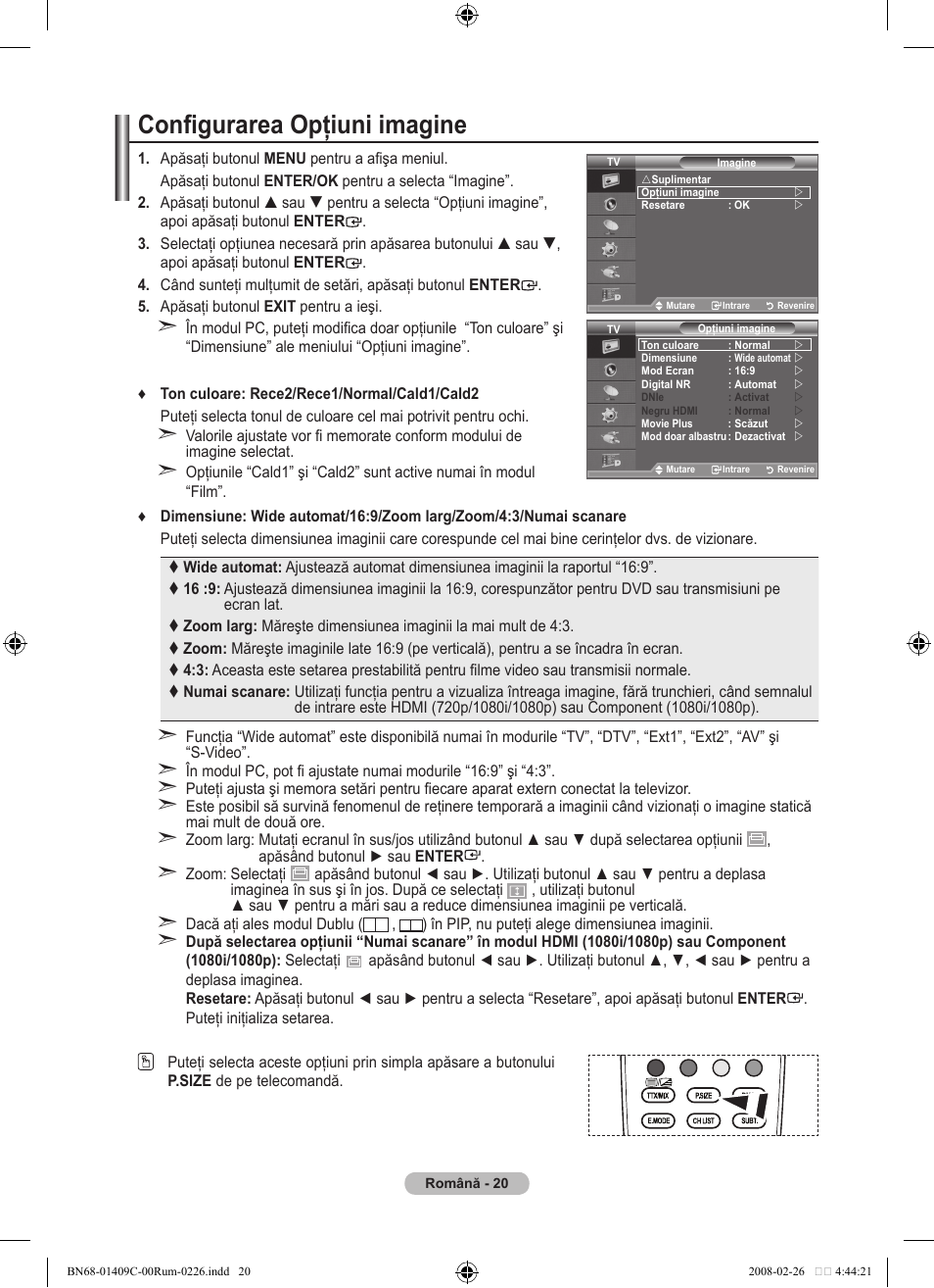 Configurarea opţiuni imagine | Samsung LE52A559P4F User Manual | Page 582 / 632