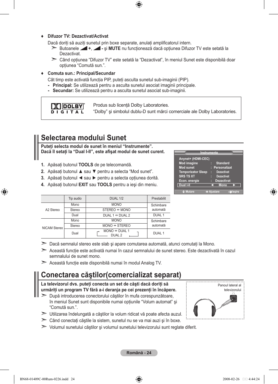 Selectarea modului sunet, Conectarea căştilor(comercializat separat) | Samsung LE52A559P4F User Manual | Page 586 / 632