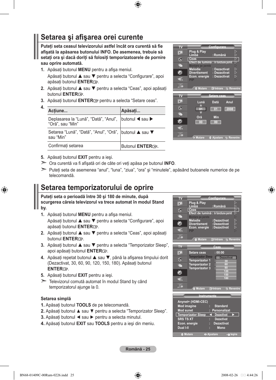 Setarea şi afişarea orei curente, Setarea temporizatorului de oprire | Samsung LE52A559P4F User Manual | Page 587 / 632