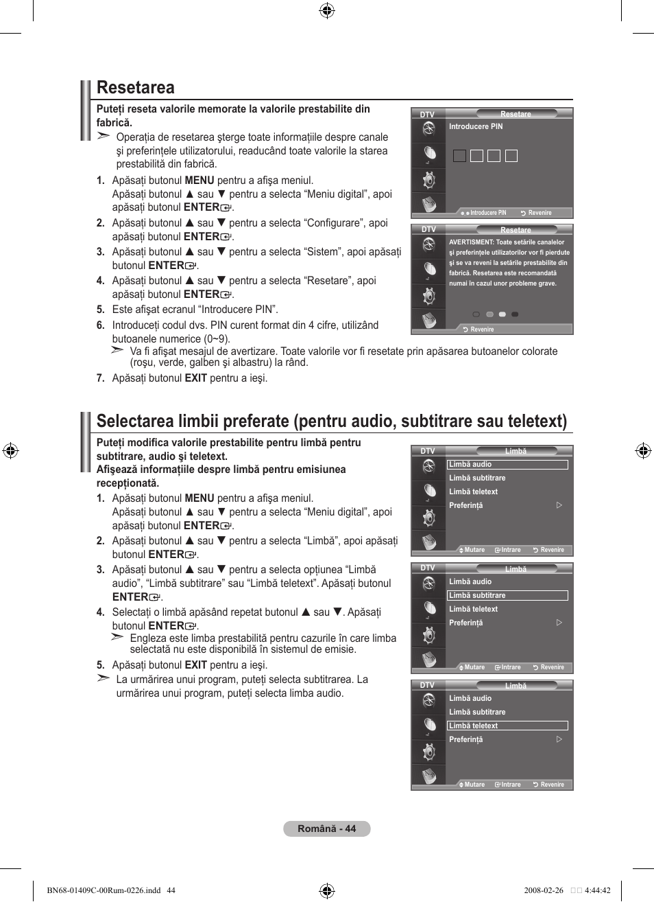 Resetarea | Samsung LE52A559P4F User Manual | Page 606 / 632