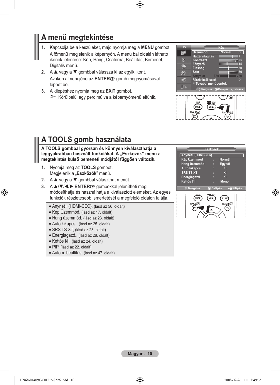 A menü megtekintése, A tools gomb használata | Samsung LE52A559P4F User Manual | Page 82 / 632