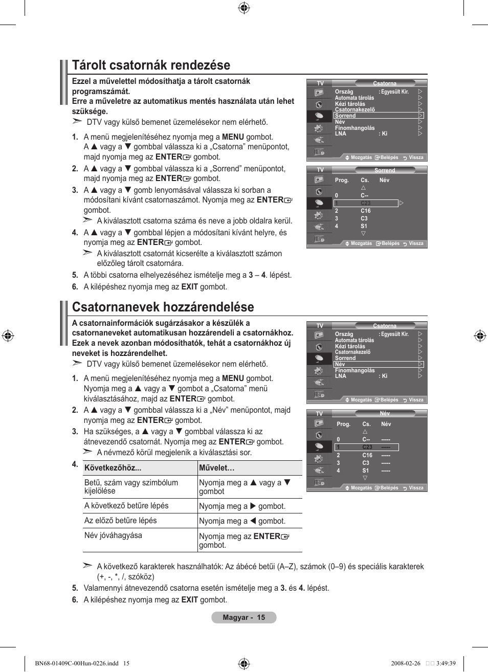 Tárolt csatornák rendezése, Csatornanevek hozzárendelése | Samsung LE52A559P4F User Manual | Page 87 / 632