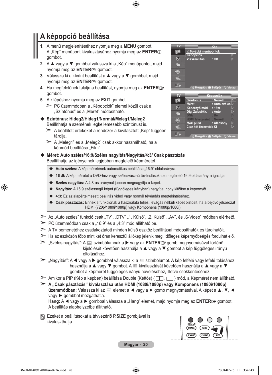 A képopció beállítása | Samsung LE52A559P4F User Manual | Page 92 / 632