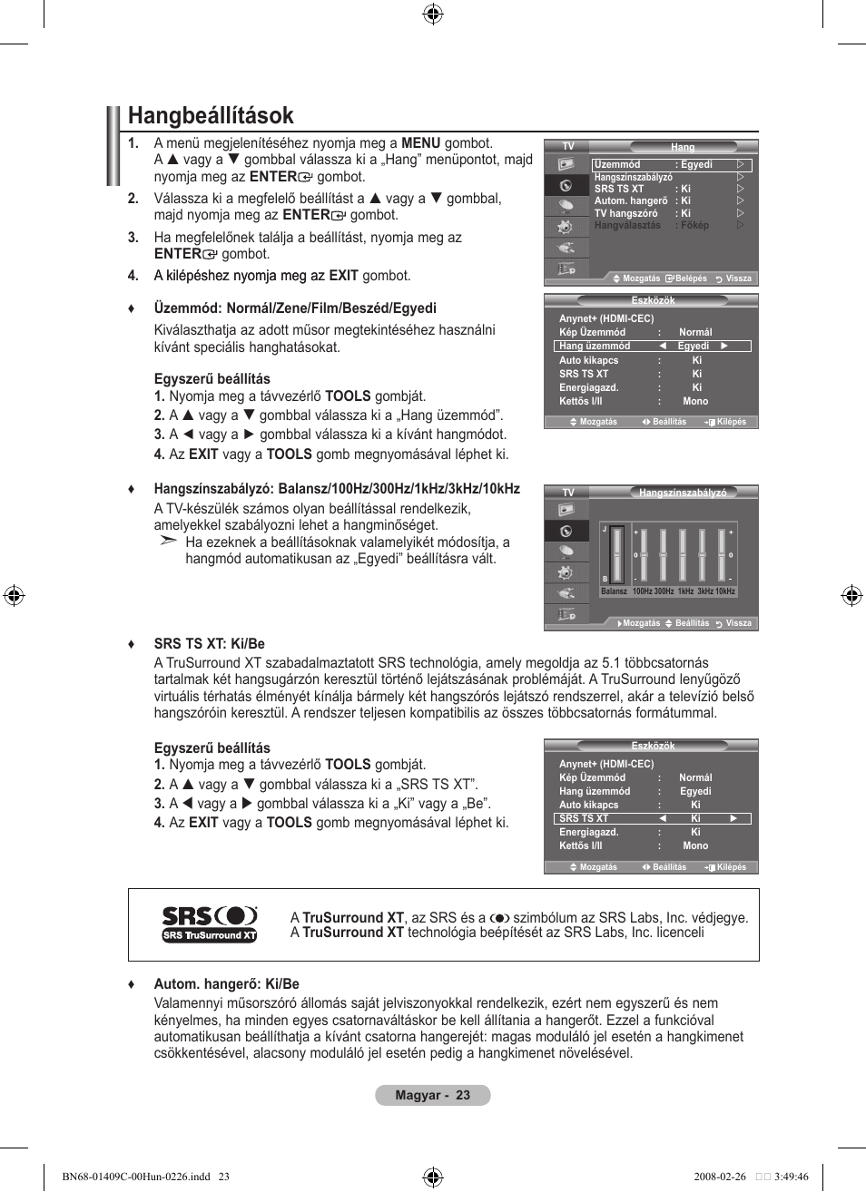 Hangbeállítások | Samsung LE52A559P4F User Manual | Page 95 / 632