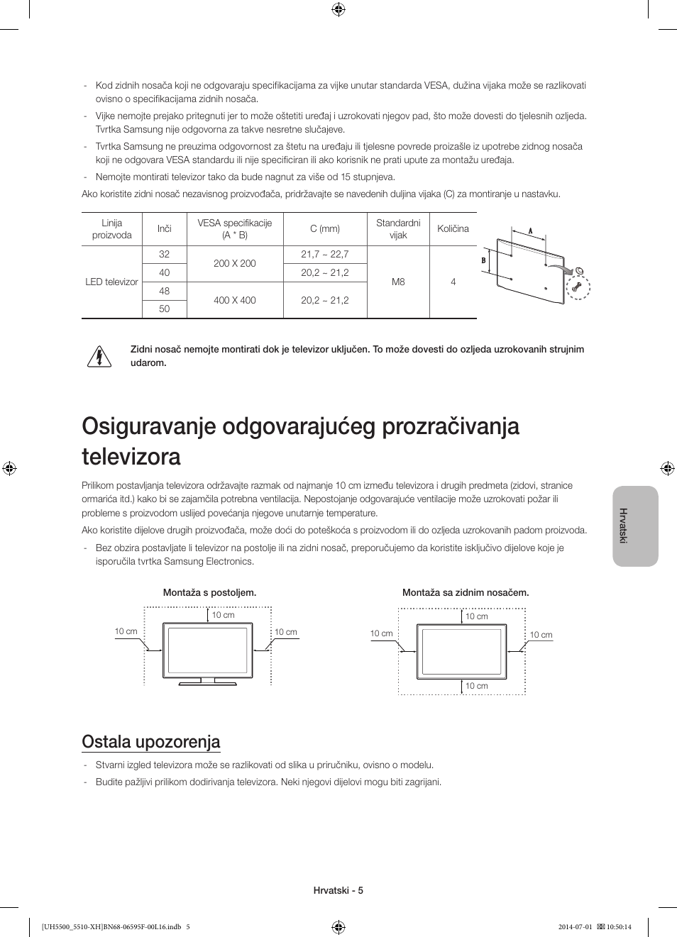 Ostala upozorenja | Samsung UE40H5500AW User Manual | Page 105 / 321