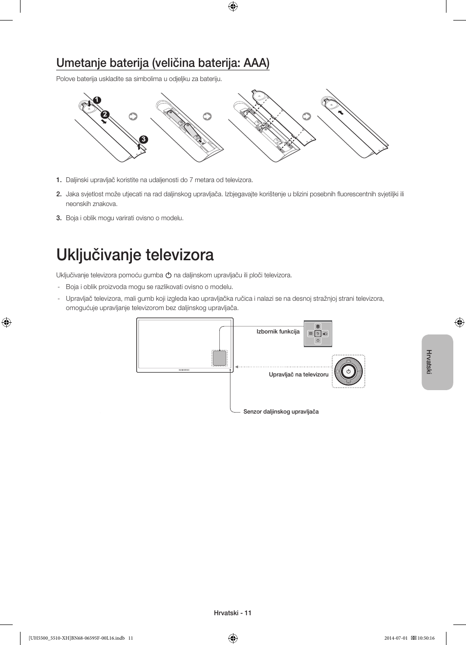 Uključivanje televizora, Umetanje baterija (veličina baterija: aaa) | Samsung UE40H5500AW User Manual | Page 111 / 321