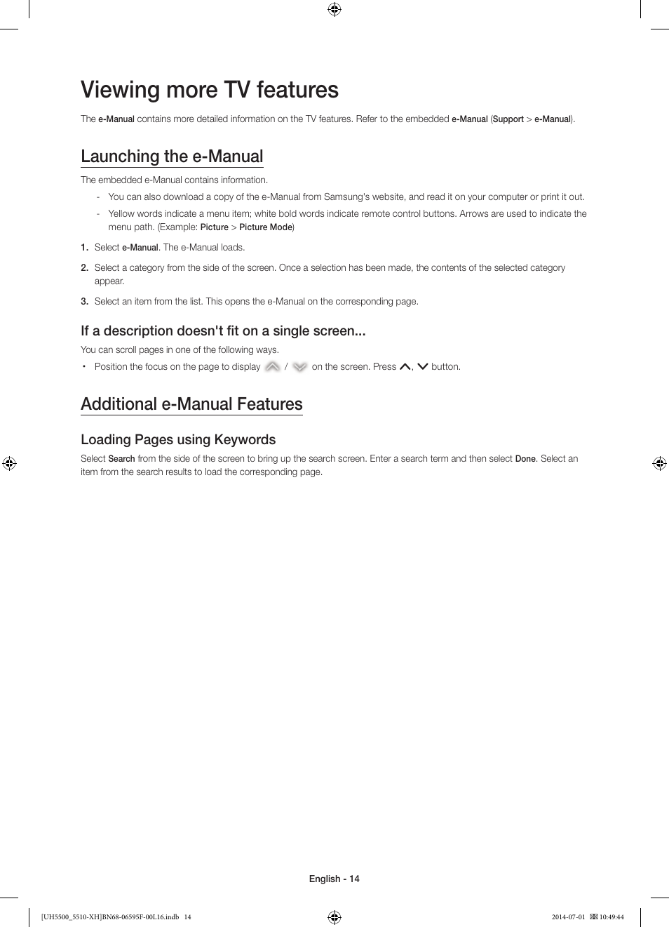 Viewing more tv features, Launching the e-manual, Additional e-manual features | If a description doesn't fit on a single screen, Loading pages using keywords | Samsung UE40H5500AW User Manual | Page 14 / 321