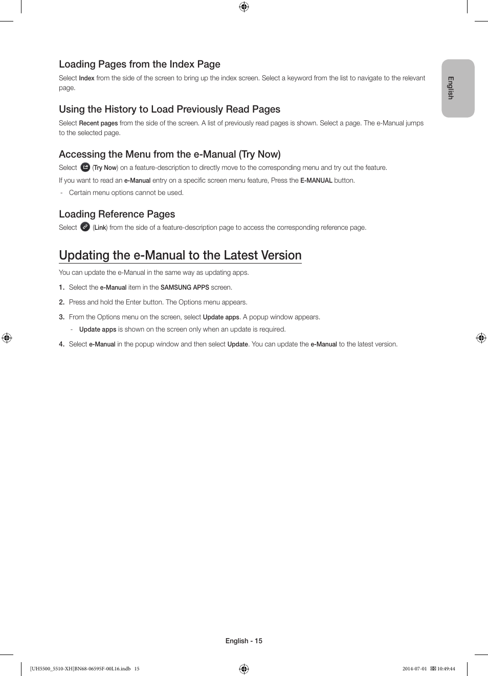 Updating the e-manual to the latest version, Loading pages from the index page, Using the history to load previously read pages | Accessing the menu from the e-manual (try now), Loading reference pages | Samsung UE40H5500AW User Manual | Page 15 / 321