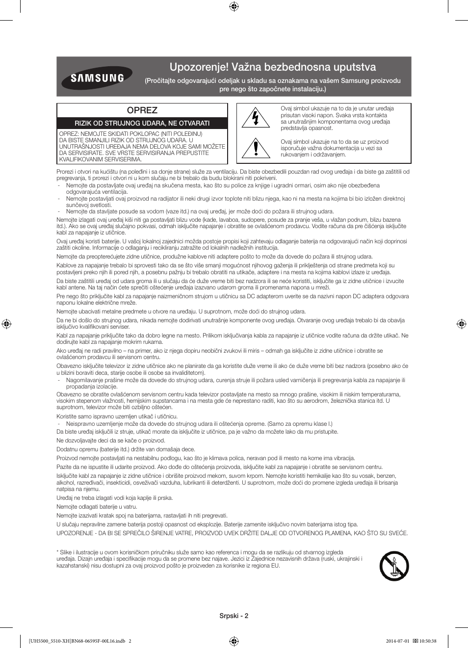 Upozorenje! važna bezbednosna uputstva, Oprez | Samsung UE40H5500AW User Manual | Page 182 / 321