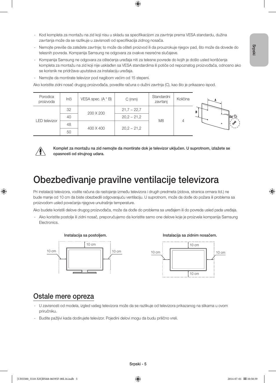 Obezbeđivanje pravilne ventilacije televizora, Ostale mere opreza | Samsung UE40H5500AW User Manual | Page 185 / 321