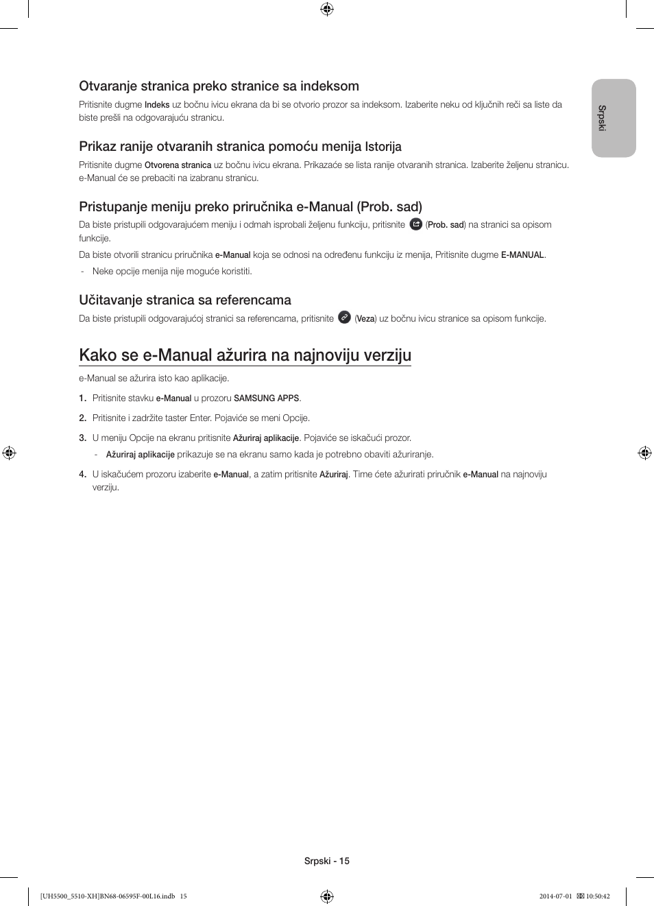Kako se e-manual ažurira na najnoviju verziju, Otvaranje stranica preko stranice sa indeksom, Prikaz ranije otvaranih stranica pomoću menija | Učitavanje stranica sa referencama, Istorija | Samsung UE40H5500AW User Manual | Page 195 / 321