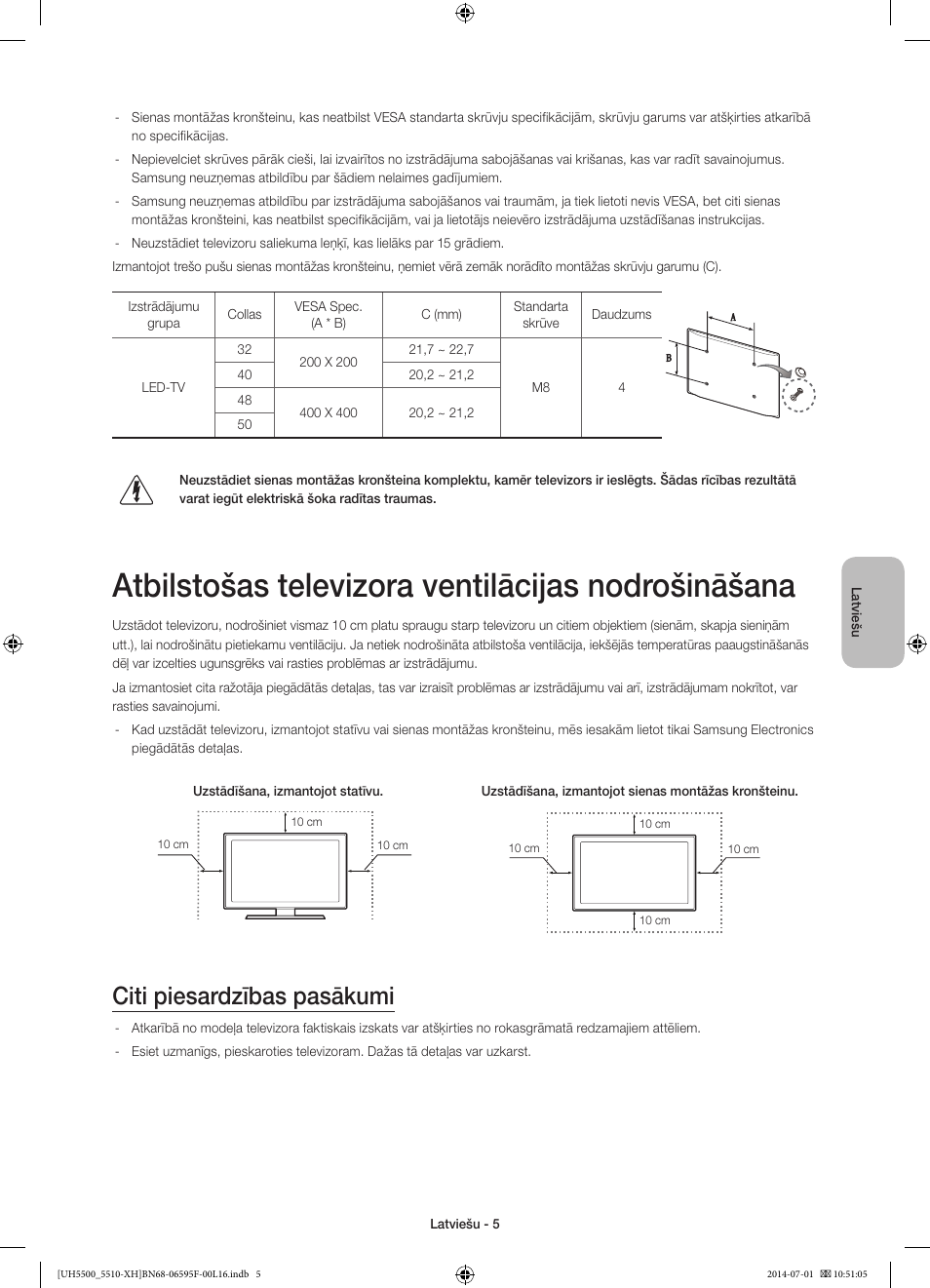 Atbilstošas televizora ventilācijas nodrošināšana, Citi piesardzības pasākumi | Samsung UE40H5500AW User Manual | Page 265 / 321