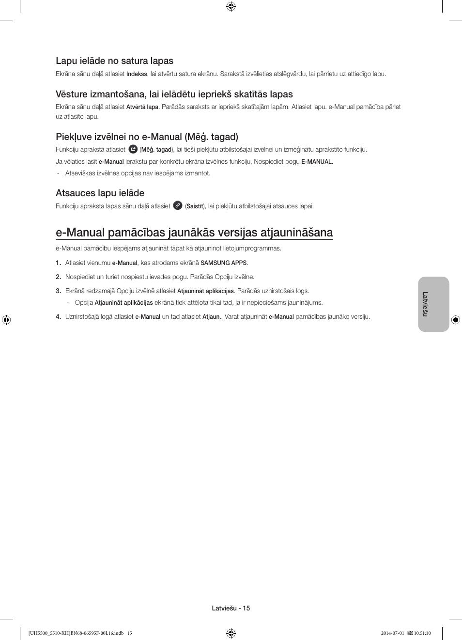 E-manual pamācības jaunākās versijas atjaunināšana, Lapu ielāde no satura lapas, Piekļuve izvēlnei no e-manual (mēģ. tagad) | Atsauces lapu ielāde | Samsung UE40H5500AW User Manual | Page 275 / 321