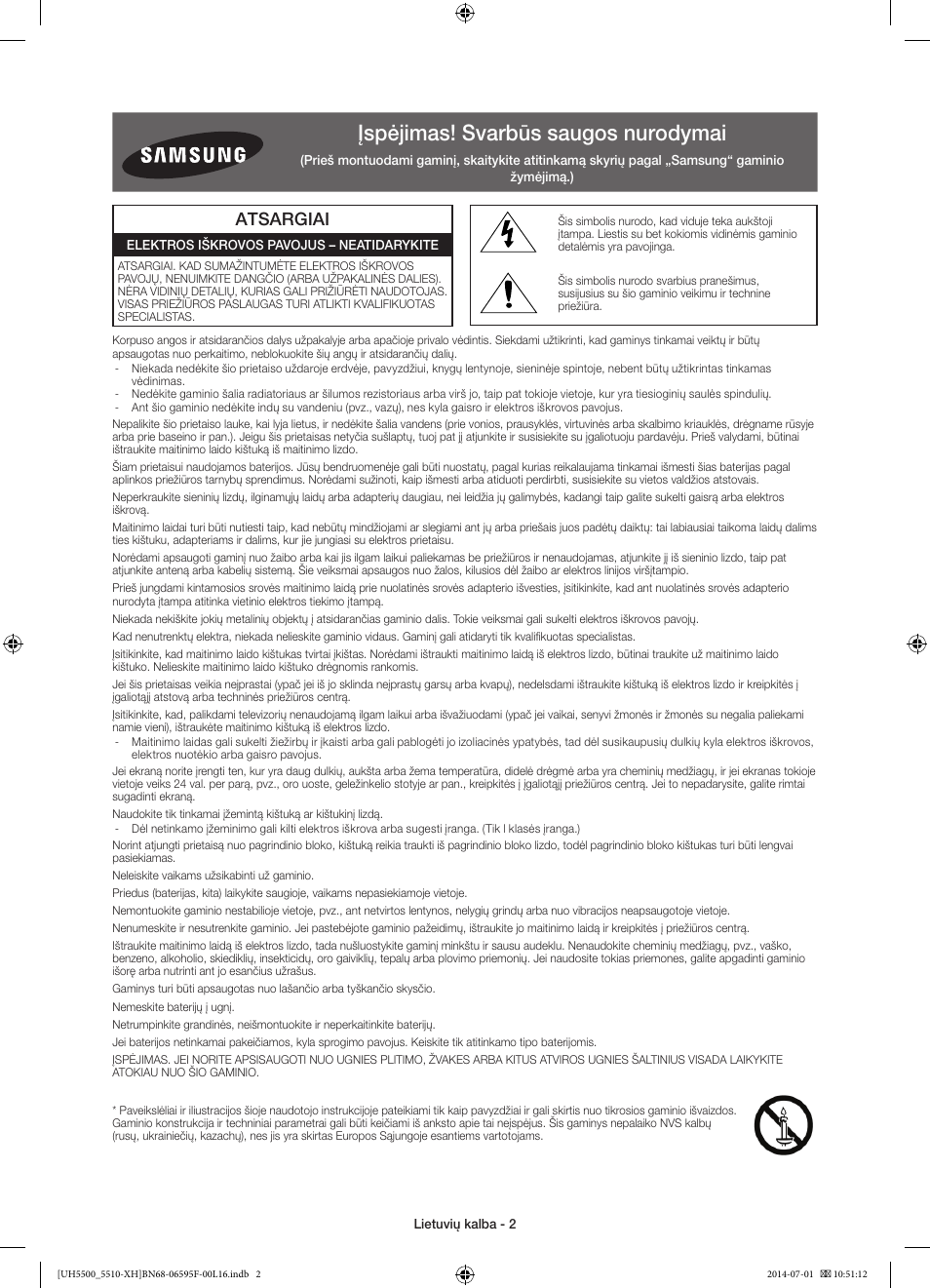 Įspėjimas! svarbūs saugos nurodymai, Atsargiai | Samsung UE40H5500AW User Manual | Page 282 / 321