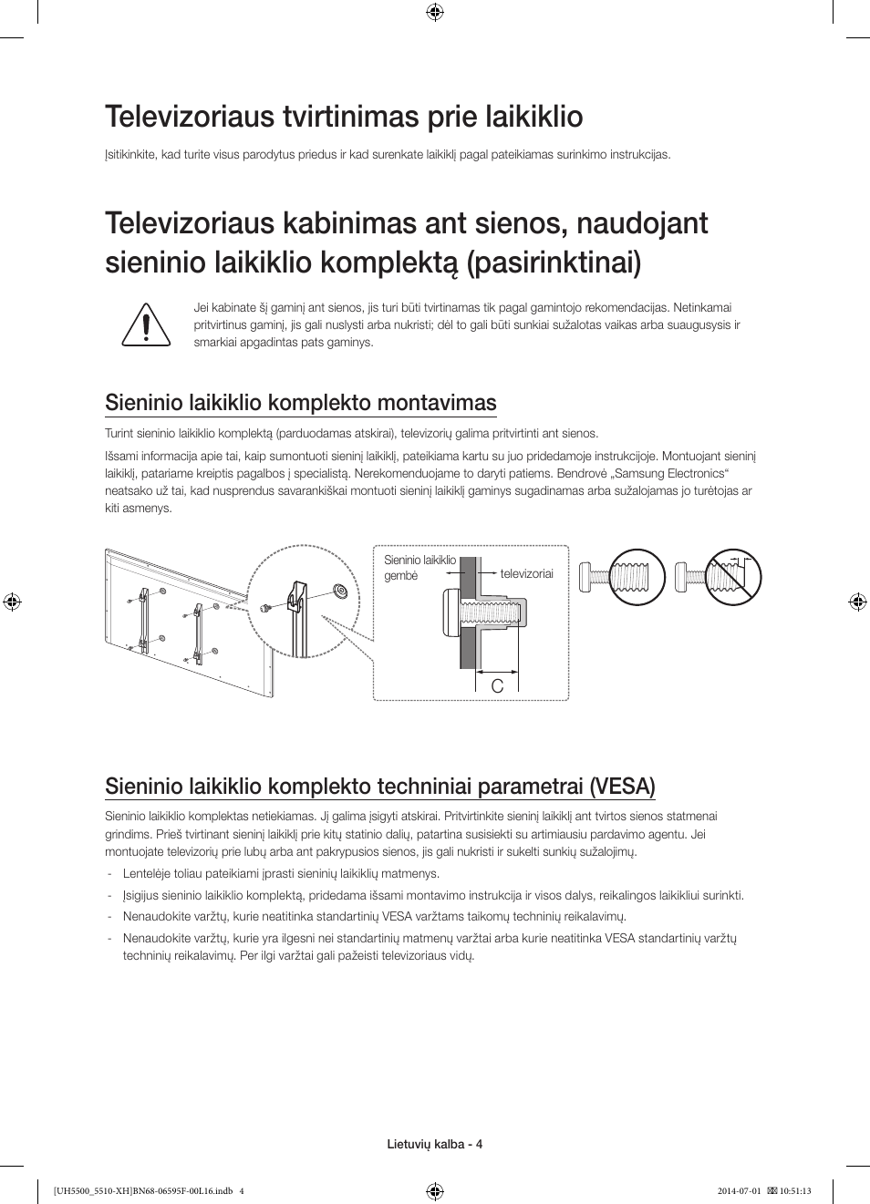 Televizoriaus tvirtinimas prie laikiklio, Sieninio laikiklio komplekto montavimas | Samsung UE40H5500AW User Manual | Page 284 / 321