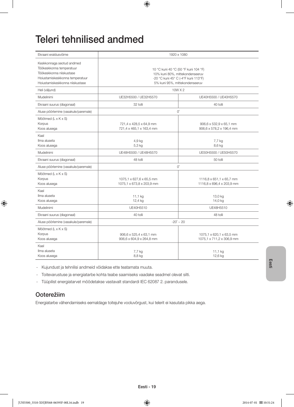 Teleri tehnilised andmed, Ooterežiim | Samsung UE40H5500AW User Manual | Page 319 / 321