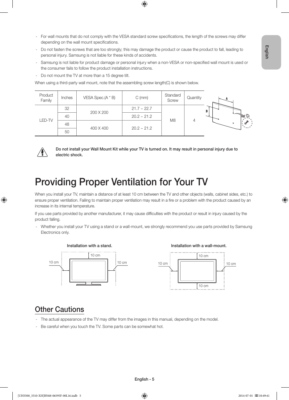 Providing proper ventilation for your tv, Other cautions | Samsung UE40H5500AW User Manual | Page 5 / 321