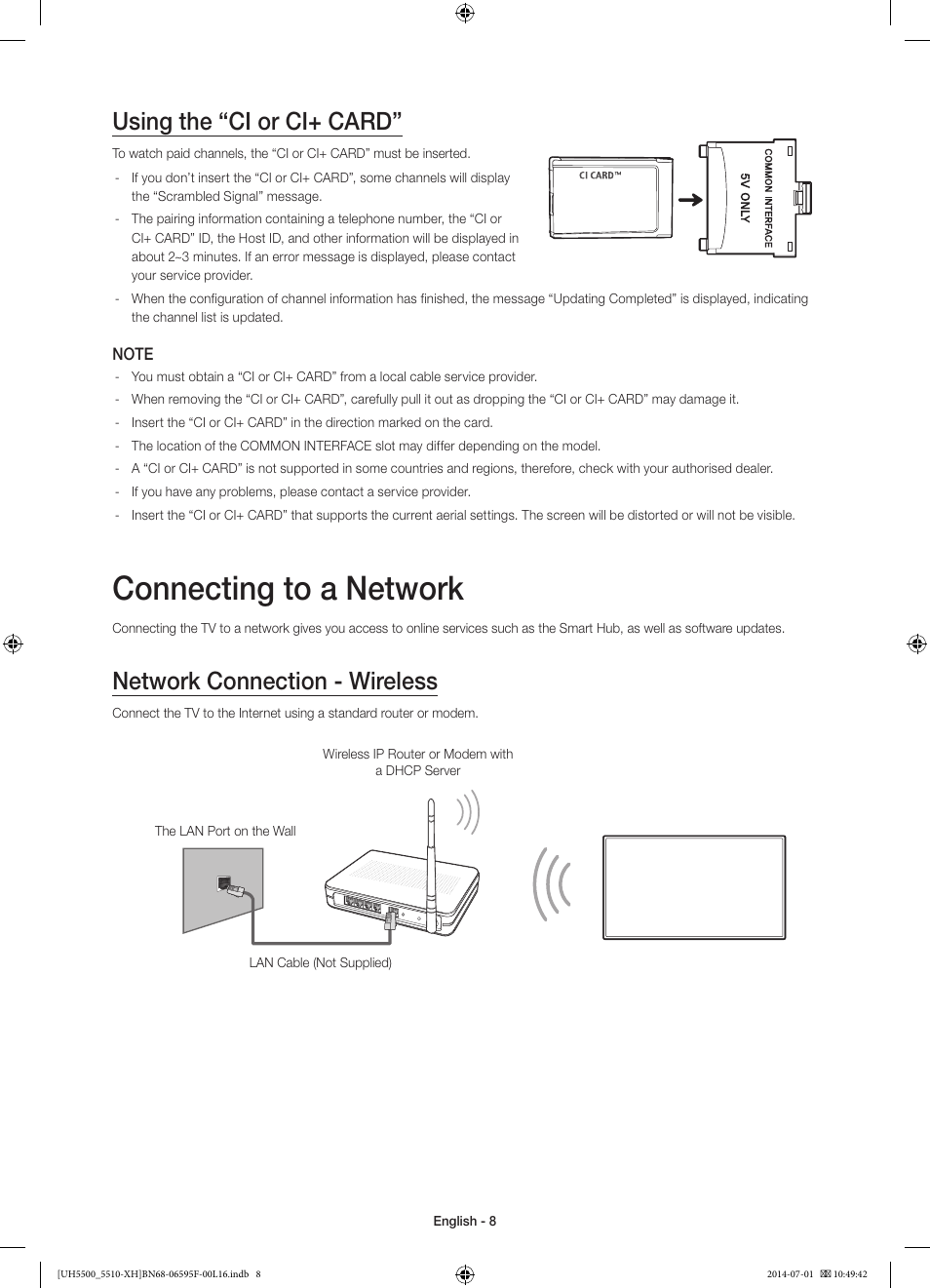 Connecting to a network, Using the “ci or ci+ card, Network connection - wireless | Samsung UE40H5500AW User Manual | Page 8 / 321