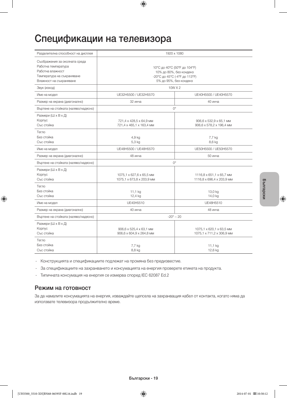 Спецификации на телевизора, Режим на готовност | Samsung UE40H5500AW User Manual | Page 99 / 321