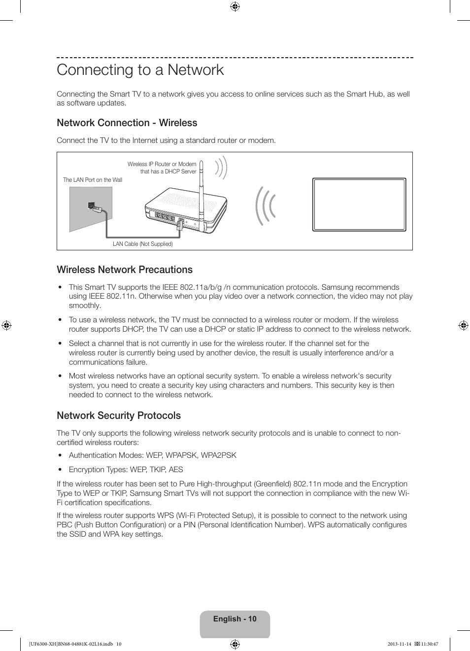 Connecting to a network, Network connection - wireless, Wireless network precautions | Network security protocols | Samsung UE60F6300AW User Manual | Page 10 / 289