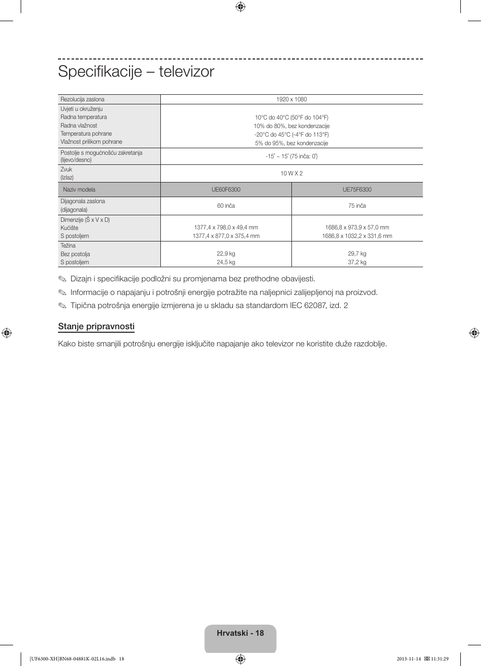 Specifikacije – televizor | Samsung UE60F6300AW User Manual | Page 108 / 289