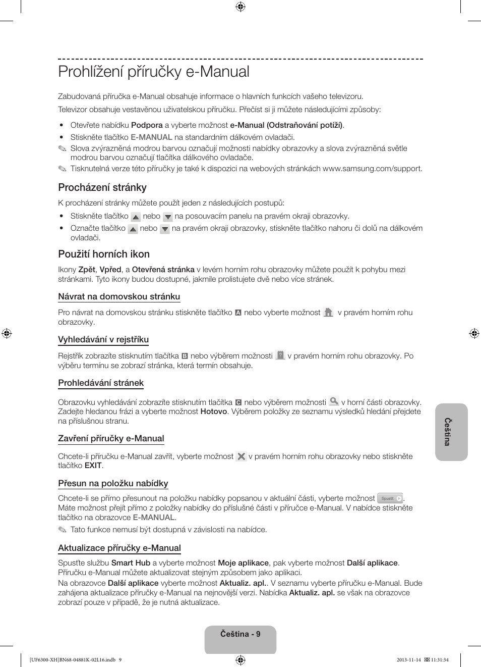 Prohlížení příručky e-manual, Procházení stránky, Použití horních ikon | Samsung UE60F6300AW User Manual | Page 117 / 289