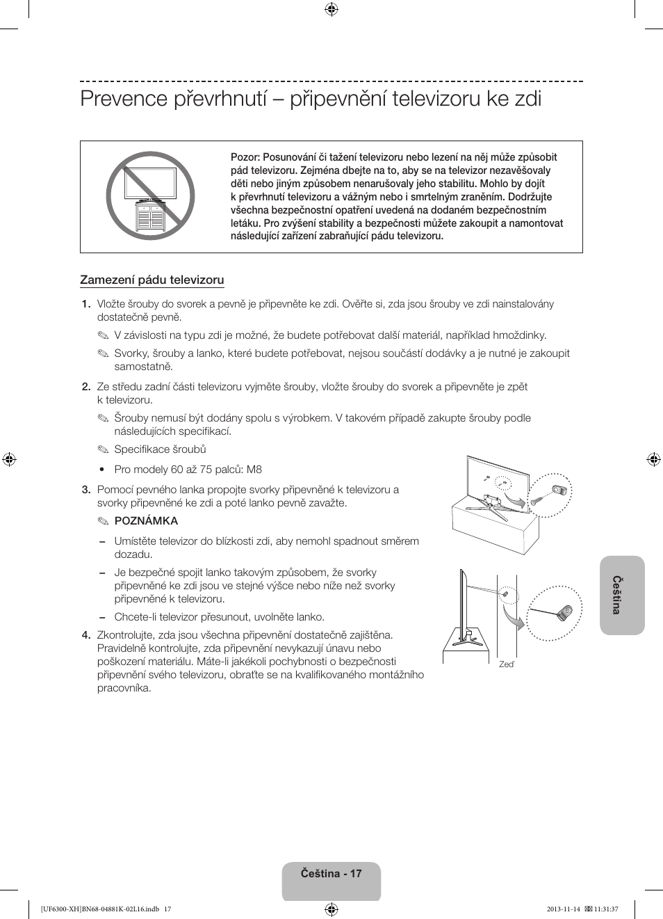 Prevence převrhnutí – připevnění televizoru ke zdi | Samsung UE60F6300AW User Manual | Page 125 / 289