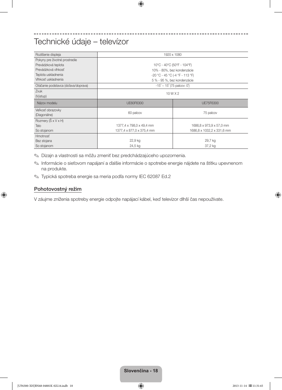 Technické údaje – televízor | Samsung UE60F6300AW User Manual | Page 144 / 289